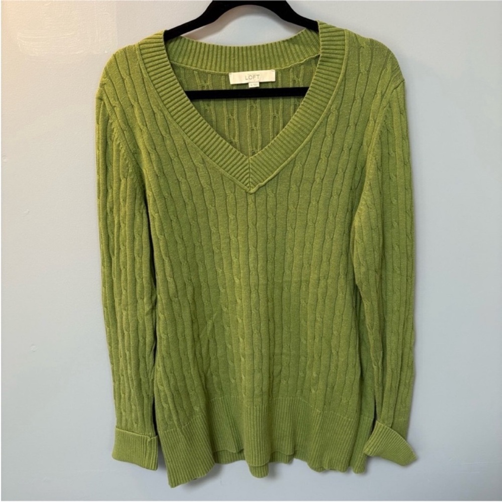 LOFT Green V-Neck Cable Knit Sweater